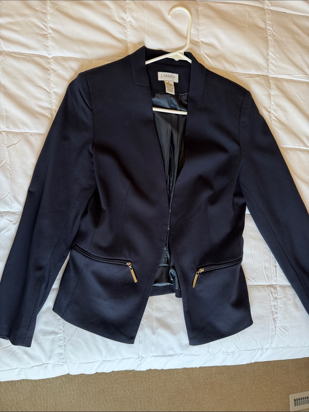 Carmen Navy Open-Front Blazer with Gold Zip Pockets